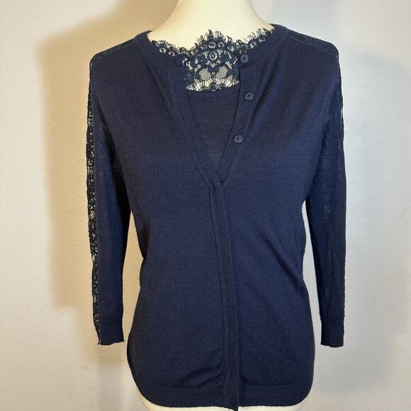 Les Copains Navy Blue Wool Cashmere Knit Cardigan Set Lace Sweater Old Money Top - Picture 11 of 11